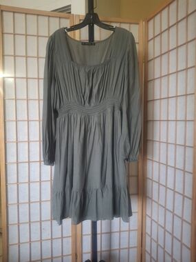 Hesperus Smocked Waist Long-Sleeve Olive Dress